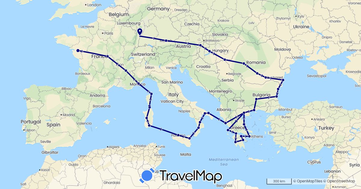 TravelMap itinerary: driving in Bulgaria, Germany, France, Greece, Hungary, Italy, Romania (Europe)